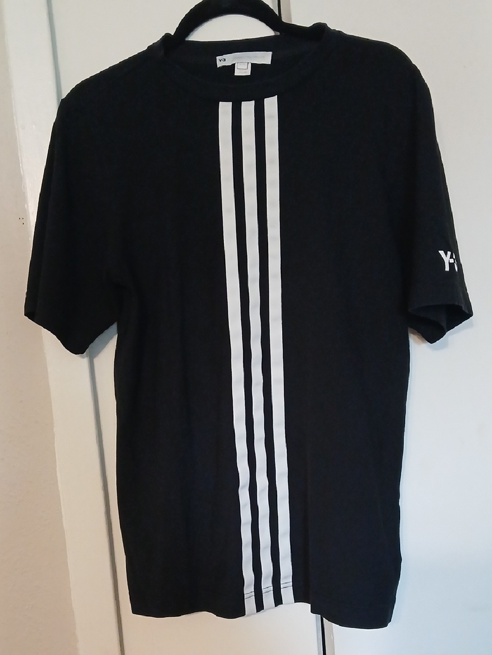 Y-3 Black T-Shirt with Central White Triple Stripe